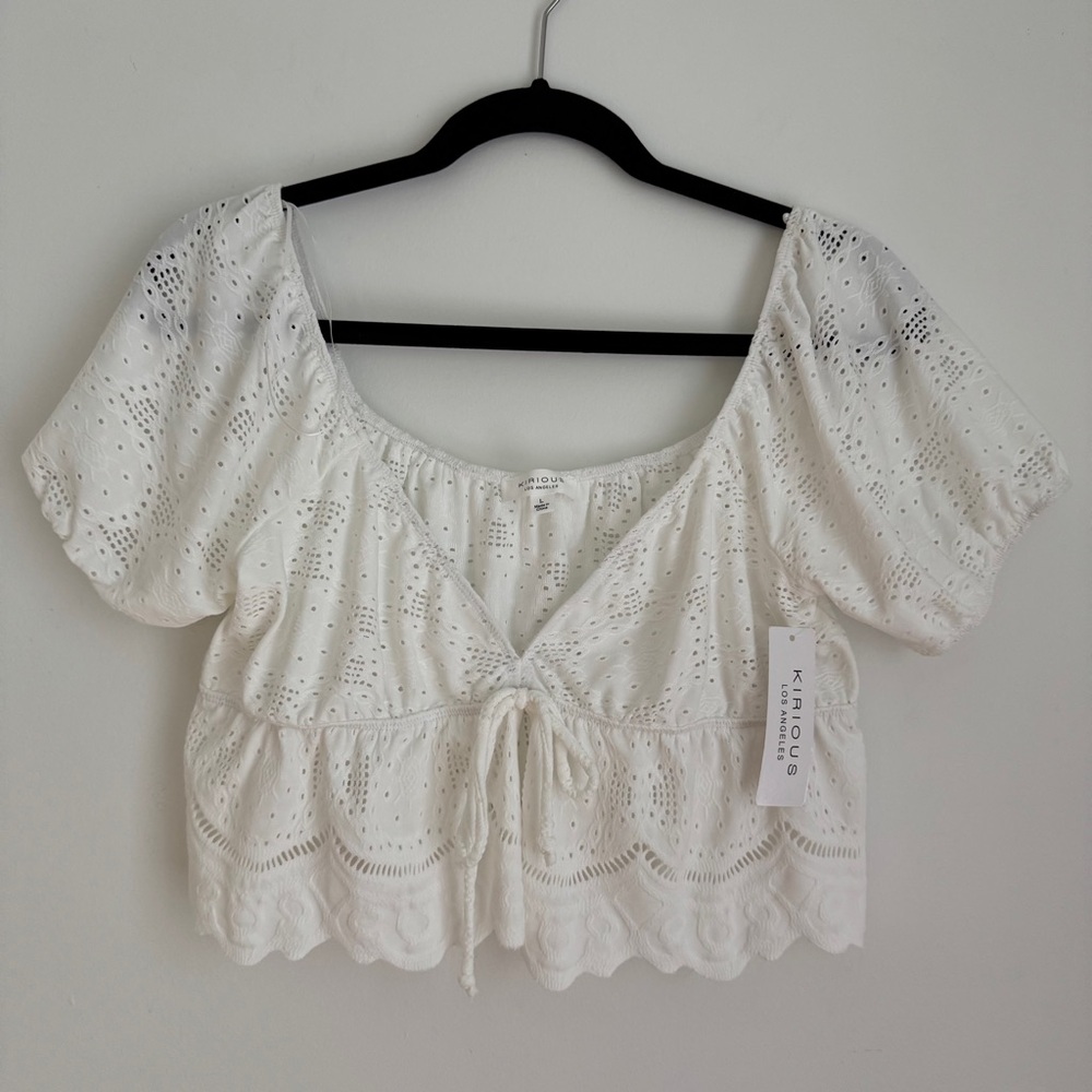 Kirious Los Angeles White Eyelet Puff Sleeve‎ Crop Top Size Large NWT